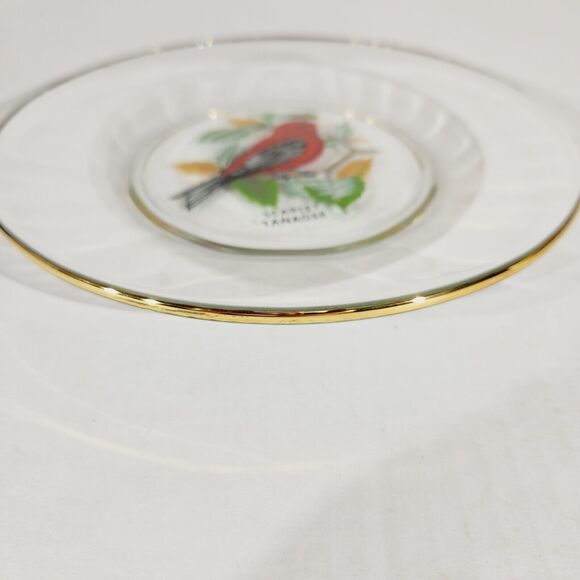 Vtg Glass Plate Painted Scarlet Tanager Bird Plate Clear Gold Trim 8" Red Nature - Picture 6 of 6